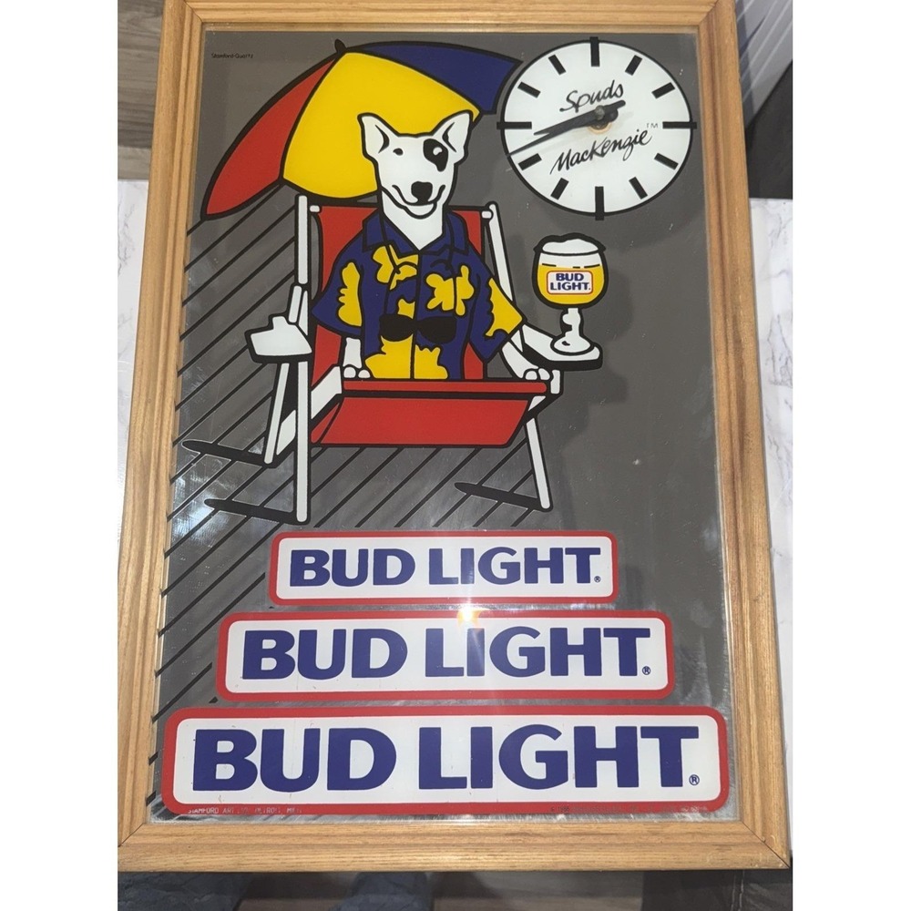 Vintage 1986 Bud Light Spuds Mackenzie Mirrored Clock Tested & Works